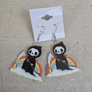 Rainbow Grim Reaper Drop Earrings Cute Fun Novelty Gift